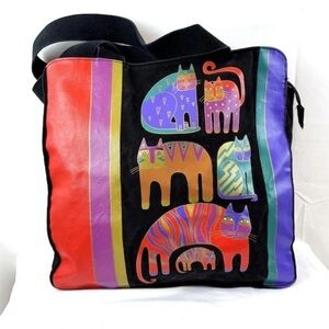 New Lauren Burch Vintage 1990 Colorful Cat Canvas Tote Bag Pink Purple Black
